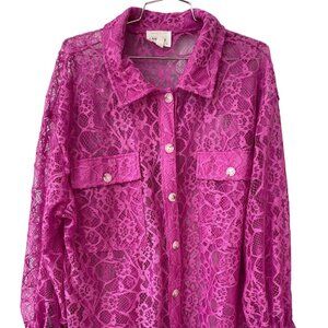 Andrée By Unit Shirt Plus Size 1X Floral Lace Button Front Pink Boho Barbiecore